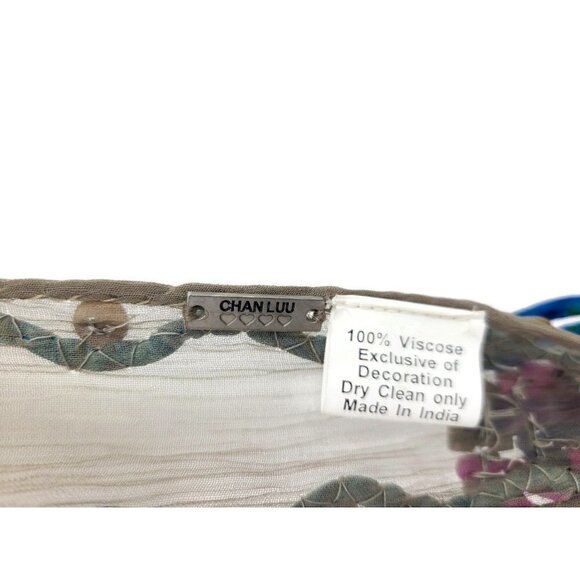 New Chan Luu Patchwork Fringe Chiffon Skinny Scarf Buttons 70" Gray Pink Blue - Picture 5 of 8